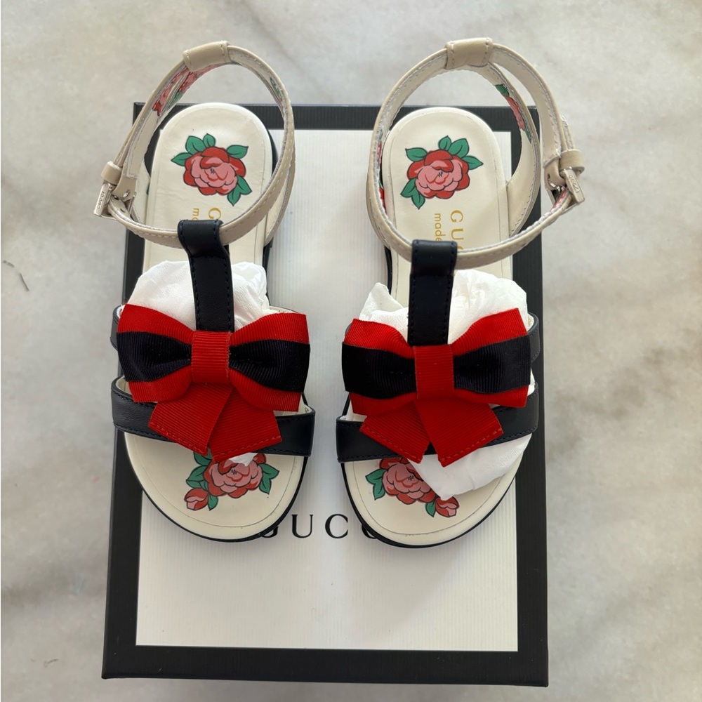 Gucci Kids Black & Red Bow Floral Sandals